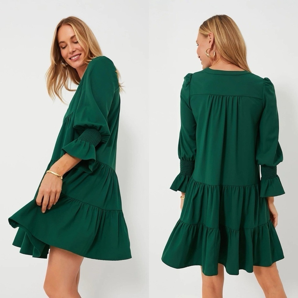 NEW Tuckernuck Pomander Place Kenzo Hunter Green Crepe Dress Long Sleeve xsmall - Picture 7 of 8